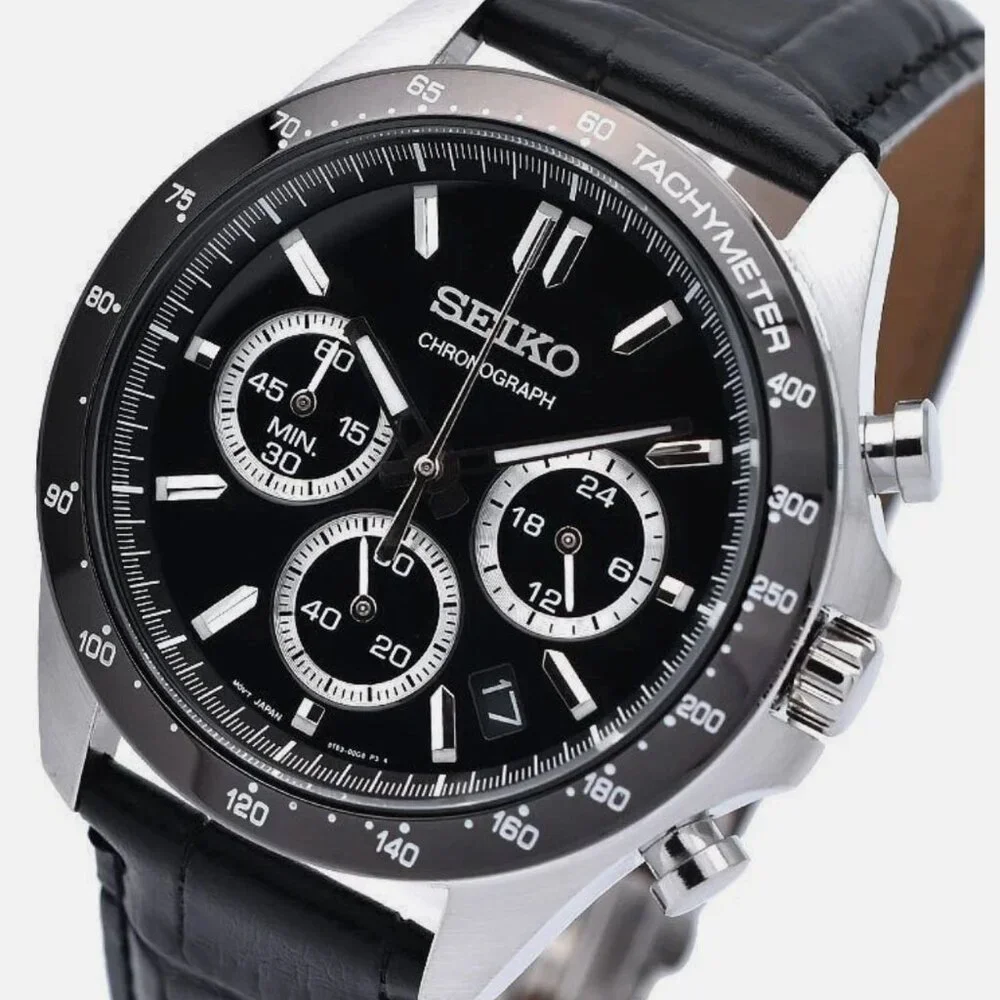 Seiko Spirit Black Dial Leather Band Chronograph Men's Watch